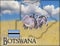 Flag Map of Botswana on which is a picture of a zebras. There is the text of Botswana and flag. There is It is national african