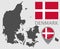 Flag, map pointer and blank map of Denmark
