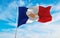 flag of Marque mindef, Minister of the French Armed Forces, France at cloudy sky background on sunset, panoramic view. French