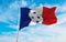 flag of Marque VAE, France at cloudy sky background on sunset, panoramic view. French travel and patriot concept. copy space for