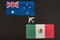 Flag of Mexico and Australia and small airplane. Flights from Mexico to Australia concept. Mesatlantica flights after quarantine