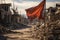 a flag in the middle of a destroyed street