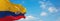 flag of Naval Ensign , Colombia at cloudy sky background on sunset, panoramic view. Colombian travel and patriot concept. copy