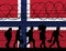 Flag of Norway - Refugees near barbed wire fence. Migrants migrates to other countries.