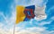 flag of Odesa region , Ukraine at cloudy sky background on sunset, panoramic view. Ukrainian travel and patriot concept. copy