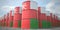 Flag of Oman on the barrels or steel drums. Chemical or oil industry related 3D rendering