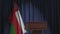 Flag of Oman and speaker podium tribune. Political event or statement related conceptual 3D rendering