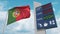 Flag of Portugal and gas station sign board with rising fuel prices. Conceptual 3D rendering