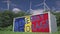 Flag of Romania and ENERGY STORAGE text on a battery container at wind turbines, 3d animation