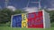 Flag of Romania and ENERGY STORAGE text on a battery container at wind turbines, 3d rendering