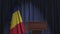 Flag of Romania and speaker podium tribune. Political event or statement related conceptual 3D animation