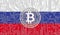 flag of Russia and bitcoin, Integrated Circuit Board pattern. Bitcoin Stock Growth. Conceptual image for investors in