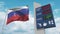 Flag of Russia and gas station sign board with rising fuel prices. Conceptual 3D animation
