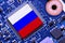 Flag of Russia on a processor, CPU Central processing Unit or GPU microchip on a motherboard