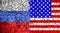 Flag of Russia and USA painted on the cracked wall. Concept of war. Cold war. The arms race. Nuclear war.