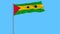 Flag of Sao Tome and Principe on the flagpole fluttering in the wind on a pure blue background, 3d rendering