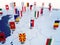 Flag of Serbia in focus among other European countries flags. Europe marked with table flags 3d rendering