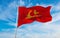 flag of SHANGRAO at cloudy sky background on sunset, panoramic view. People\\\'s Republic of China. copy space for wide banner