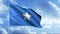 Flag of the Somalia with fabric structure against a cloudy sky. Motion. Colorful blue flag with a white star on a