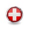 Flag of switzerland, button with metal frame and shadow. switzerland flag vector icon, badge with glossy effect and metallic borde