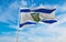 flag of Tel Aviv , Israel at cloudy sky background on sunset, panoramic view. Israeli travel and patriot concept. copy space for