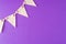 Flag triangular decorativ, party garland over colorful purple background. Christmas party, birthday mockup with copy space