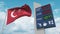 Flag of Turkey and gas station sign board with rising fuel prices. Conceptual 3D animation