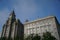 Flag of UK and England flew at half-staff on a building at Liverpool waterfront