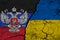 Flag of Ukraine and Donetsk People`s Republic on textured cracked earth