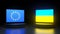 Flag of Ukraine and European Union on a dark background. International situation theme. Ukraine`s accession to the European Union