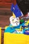 Flag of Ukraine and the European Union. Tray for street sale