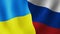 The flag of Ukraine and the flag of Russia are waving. The concept of collision, war