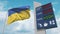 Flag of Ukraine and gas station sign board with rising fuel prices. Conceptual 3D rendering