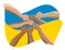 Flag of Ukraine and many hands. The concept of solidarity with Ukraine
