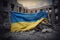 Flag of Ukraine on the ruins of the city generated by AI