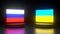 Flag of Ukraine and Russia on a dark background. International situation theme. Ukraine and Russia conflict. Diplomatic relations