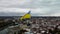 Flag of Ukraine wave, Kharkiv city downtown aerial