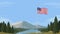 Flag of the United States of America in front of a scenic national landscape.