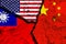 Flag of USA China and Taiwan on cracked wall.Concept of crisis between nations. Sino-Taiwan conflict