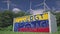 Flag of Venezuela and ENERGY STORAGE text on a battery container at wind turbines, 3d animation