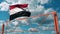 Flag of Yemen and swing arm barrier. Entry ban conceptual 3d rendering