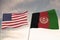 Flags of Afghanistan and United States of America USA waving with cloudy blue sky background, 3D rendering