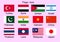 Flags of Asian Countries. Turkey, Pakistan, Syria, India, China, Japan, Laos, and others.