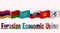 Flags of the association of five national economies of the EAEU of the Eurasian Economic Union in one line. Global teamwork. 3D