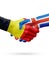 Flags Belgium, Iceland countries, partnership friendship handshake concept.
