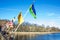 Flags in BinnenHof lake Den Haag