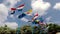 Flags of Bonaire, USA, Saba, Netherland, Holland waving against sky