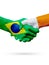 Flags Brazil, Ireland countries, partnership friendship handshake concept.