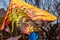 Flags of the brotherhood of Sbandieratori Di Fivizzano parading in a medieval festival