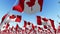 Flags of Canada on flag poles against blue sky